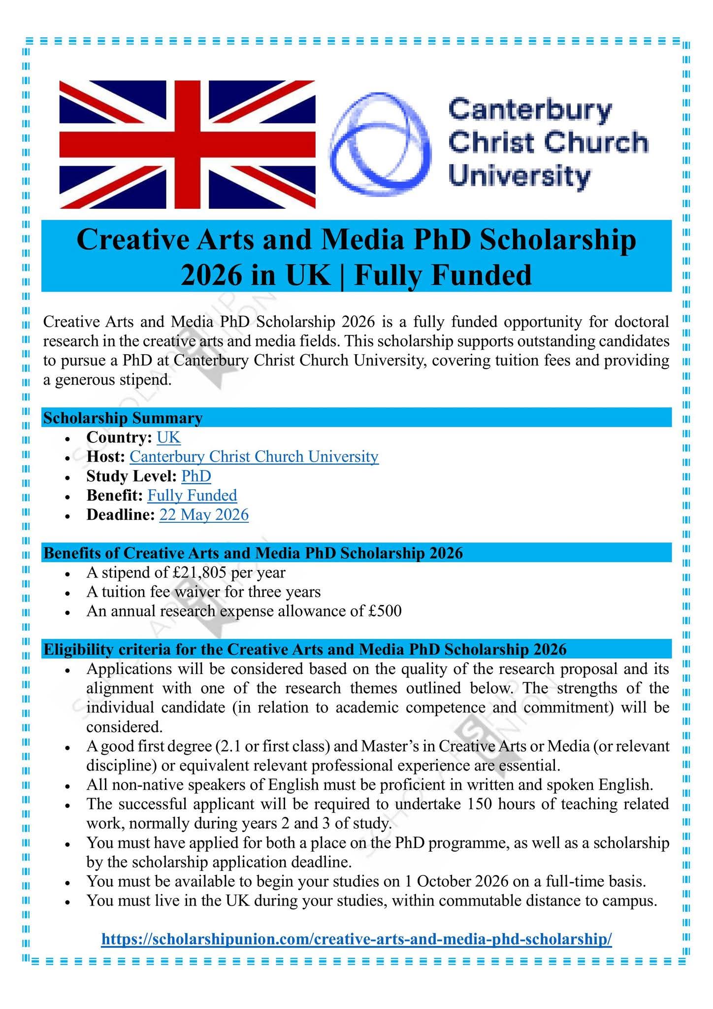 Creative Arts and Media PhD Scholarship 2026 in UK