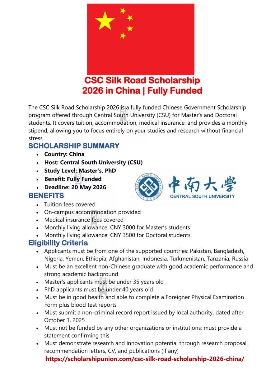 CSC Silk Road Scholarship 2026 in China