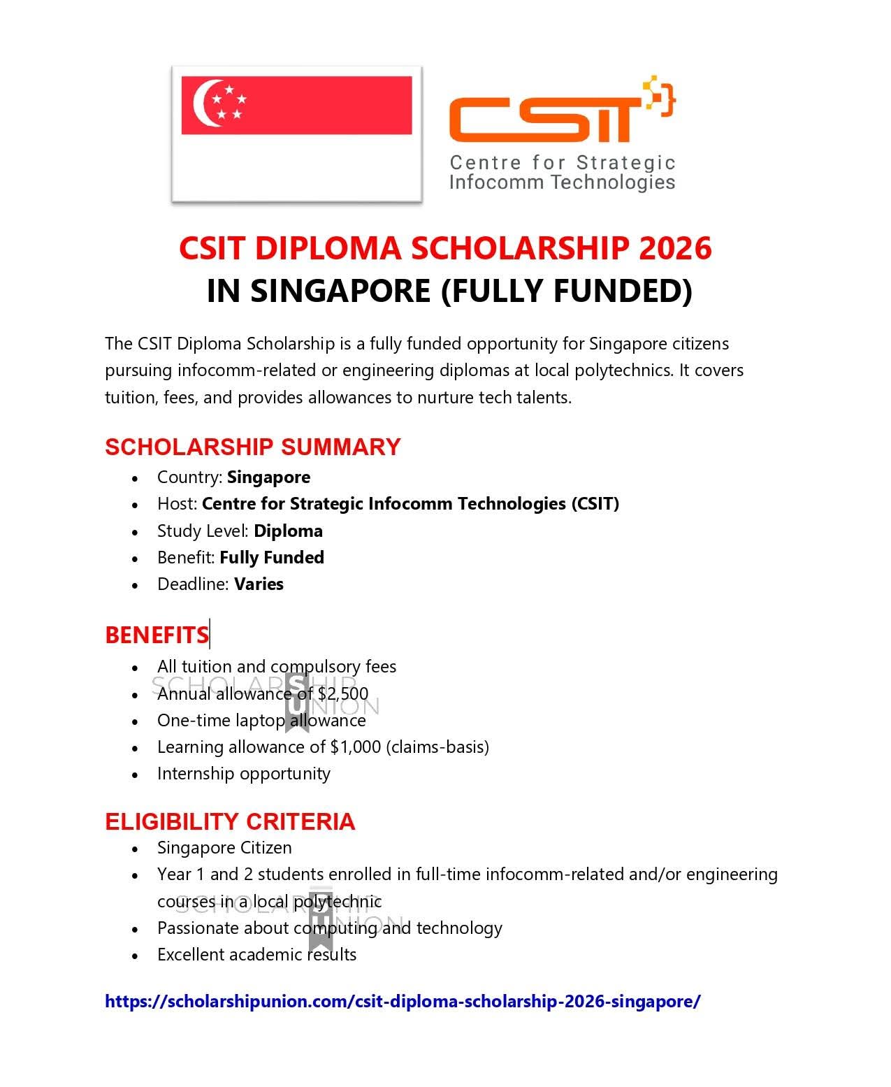 CSIT Diploma Scholarship 2026 in Singapore
