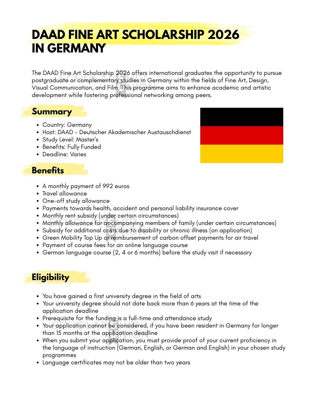 DAAD Fine Art Scholarship 2026 in Germany