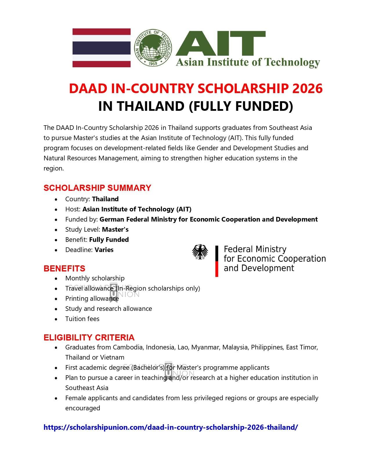 DAAD In-Country Scholarship 2026 in Thailand