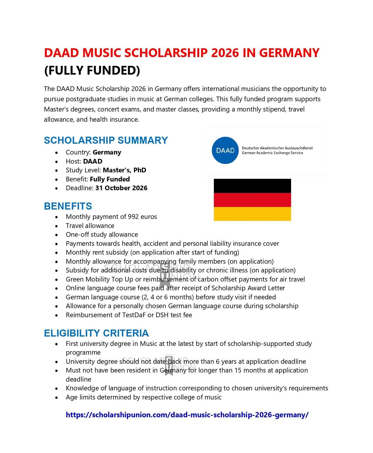 DAAD Music Scholarship 2026 in Germany