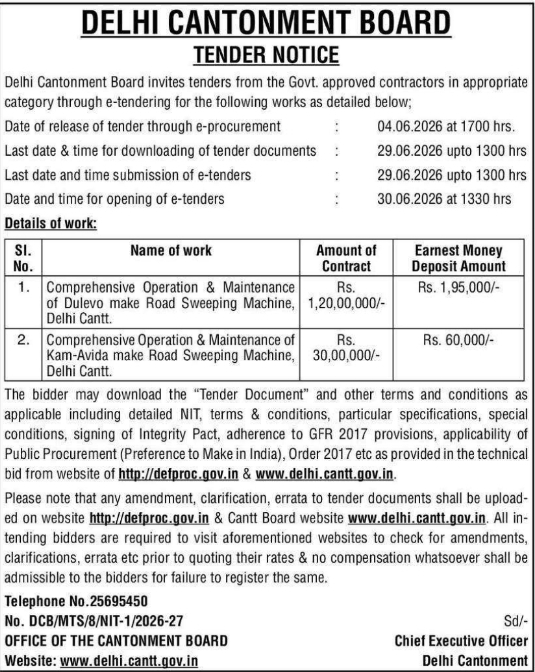 Delhi Cantonment Board Tender Notice 2026-27