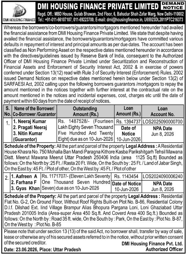 Demand Notice: DMI Housing Finance Private Limited