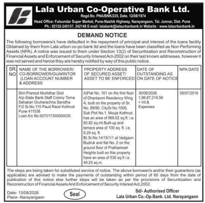 Demand Notice for Immovable Properties by Lala Urban Co-Operative Bank Ltd.