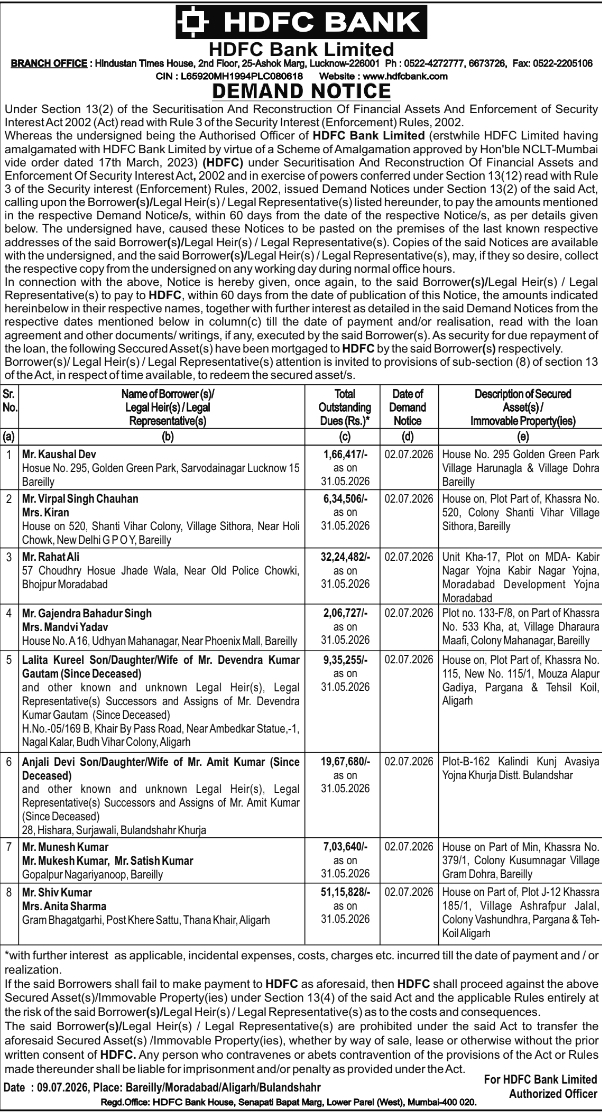 Demand Notice: Multiple Loan Defaults, HDFC Bank Limited