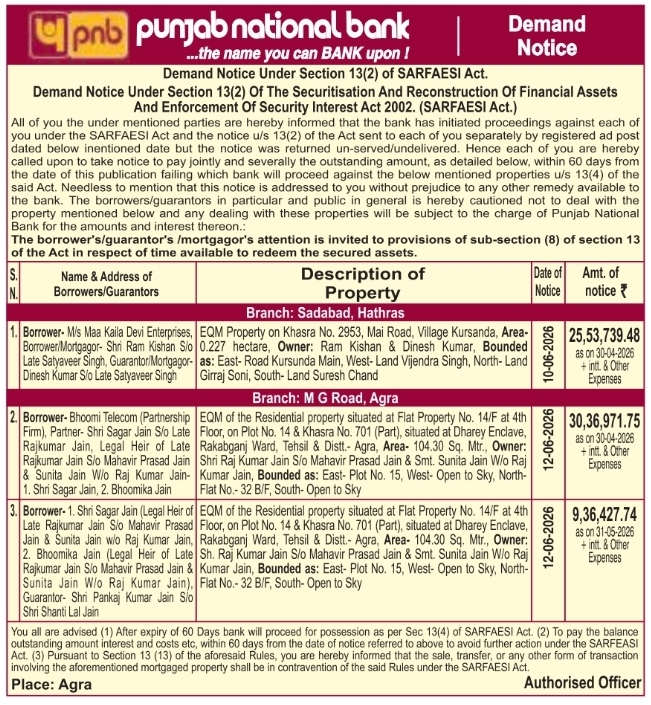 Demand Notice: Punjab National Bank Issued Notices to Multiple Defaulting Borrowers