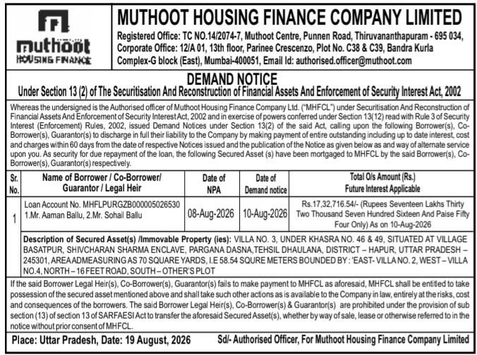 Demand Notice for Immovable Property by Muthoot Housing Finance Company Limited