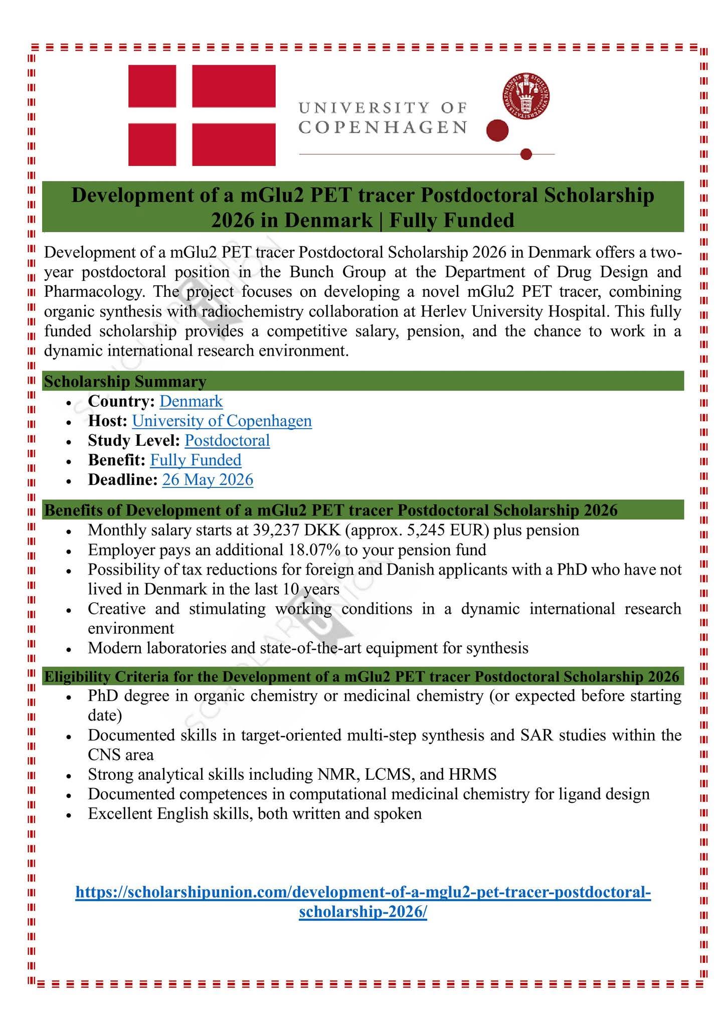 Development of a mGlu2 PET tracer Postdoctoral Scholarship 2026 in Denmark