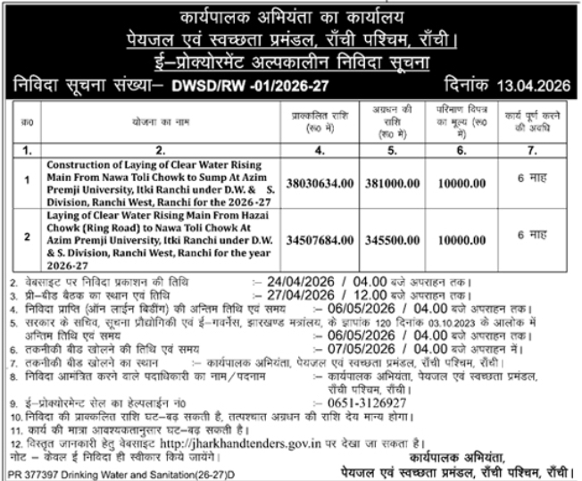 Drinking Water and Sanitation Division (DWSD) E-Tender Notice