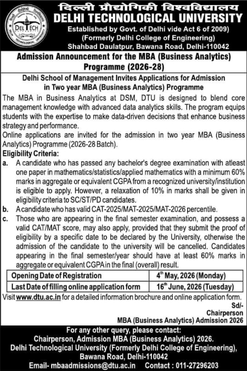 DTU: MBA Business Analytics Admission Open