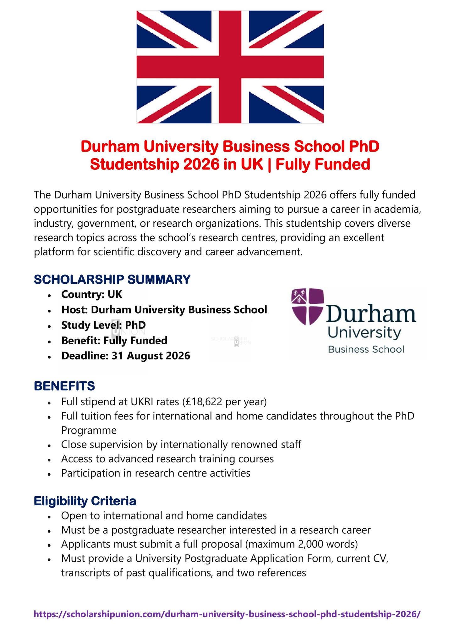 Durham University Business School PhD Studentships 2026 in UK