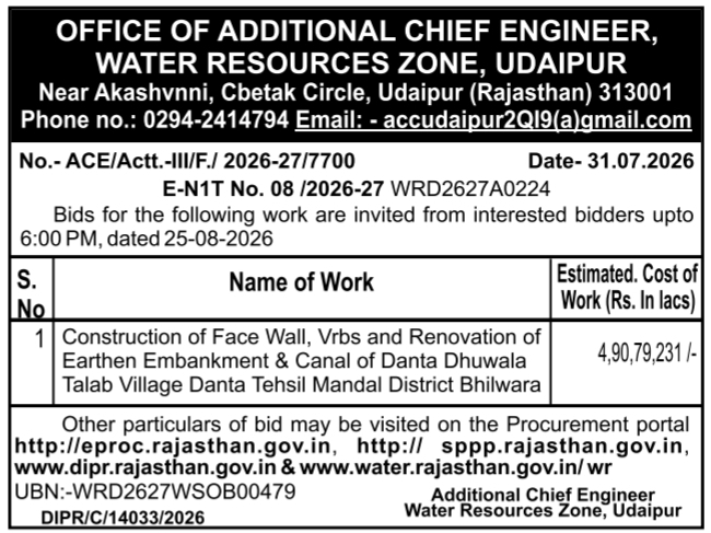 E-NIT for Face Wall Construction and Embankment Renovation by Water Resources