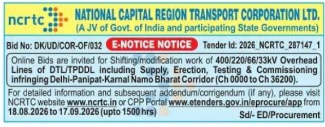 E-Notice Tender for Corridor Utility Modification by NCRTC