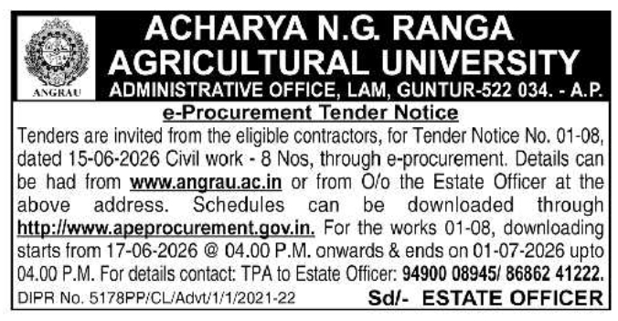 E-Procurement Civil Works Tender Notice by Acharya N.G. Ranga Agricultural University