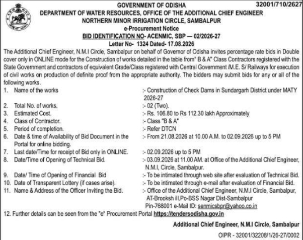 E-Procurement Notice for Construction of Check Dams by Government of Odisha