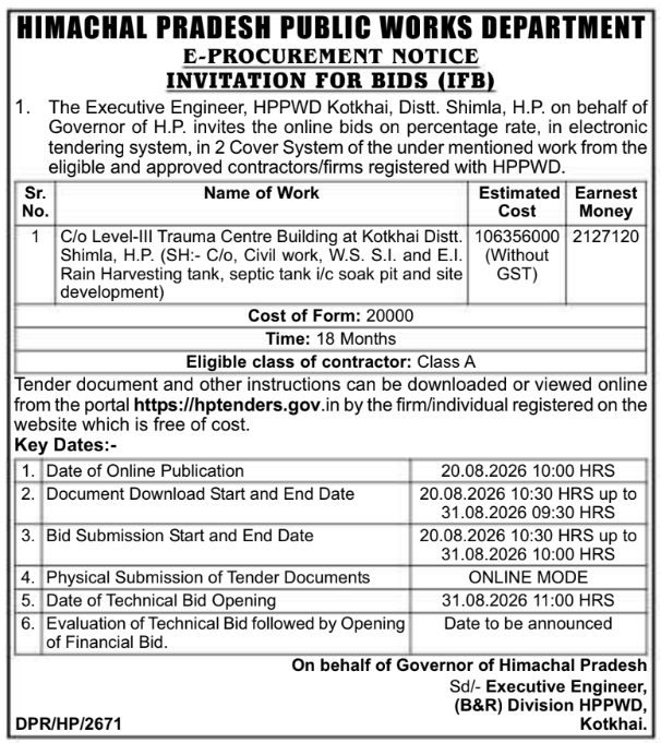 E-Procurement Notice for Trauma Centre Building Construction by HPPWD