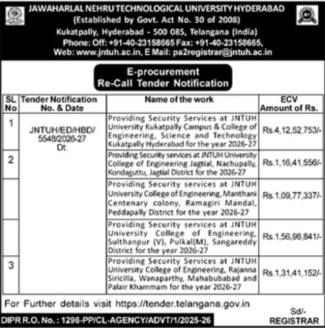 E-Procurement Re-Call Tender Notification- Jawaharlal Nehru Technological University Hyderabad
