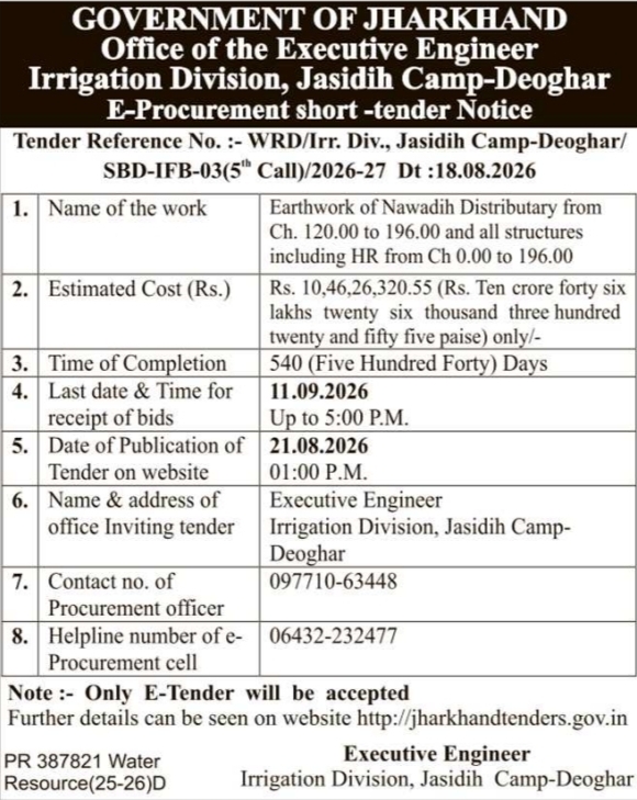 E-Procurement Short Tender Notice for Distributary Earthworks by Irrigation Division Jasidih