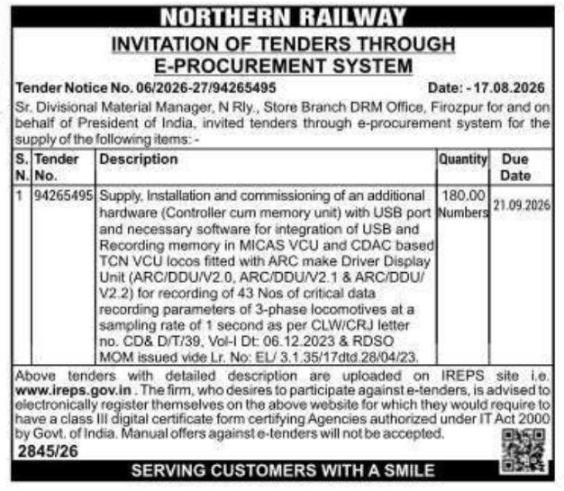E-Procurement Tender for Locomotive Controller Units by Northern Railway
