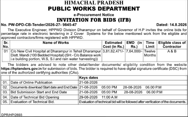 E-Procurement Tender for New Civil Hospital Building Work by HPPWD