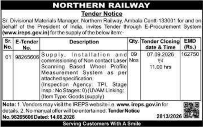 E-Procurement Tender for Wheel Profile Measurement System by Northern Railway
