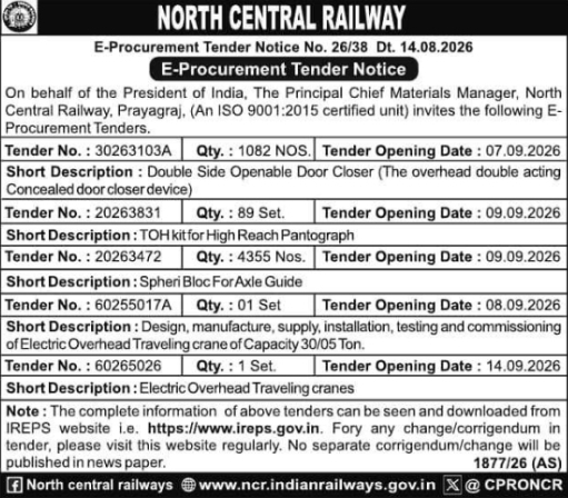 E-Procurement Tender Notice for Mechanical Items and Cranes by North Central Railway