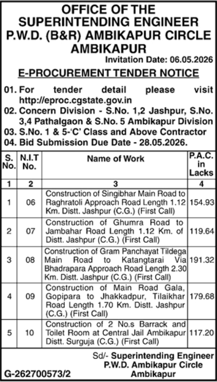 E-Procurement Tender Notice: P.W.D. (B&R) Ambikapur Circle