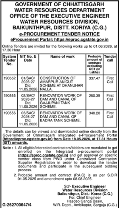 E-Procurement Tender Notice: Water Resource Works in Koriya