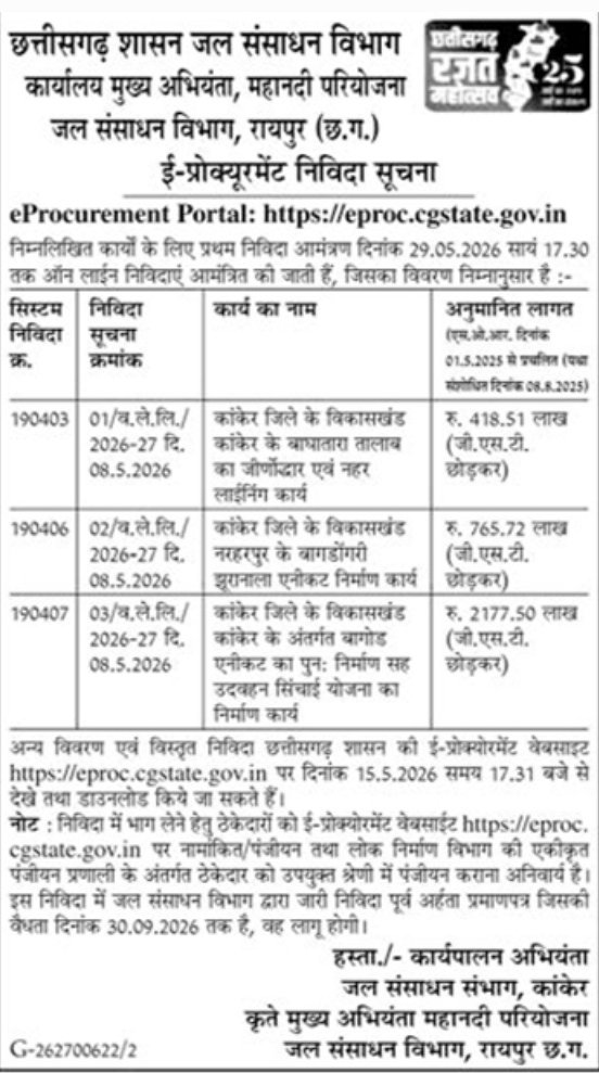 e-Procurement Tender Notice: Water Resources Projects (Chhattisgarh)