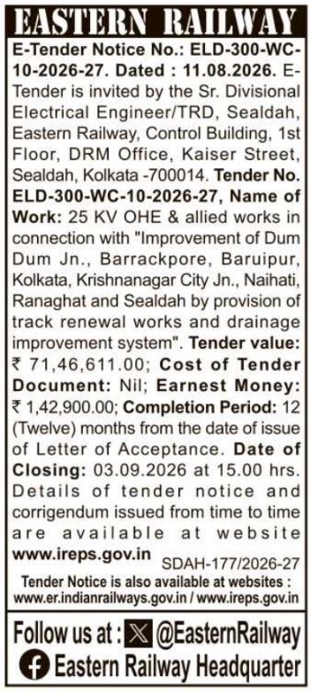 E-Tender for 25 KV OHE and Track Renewal Works by Eastern Railway