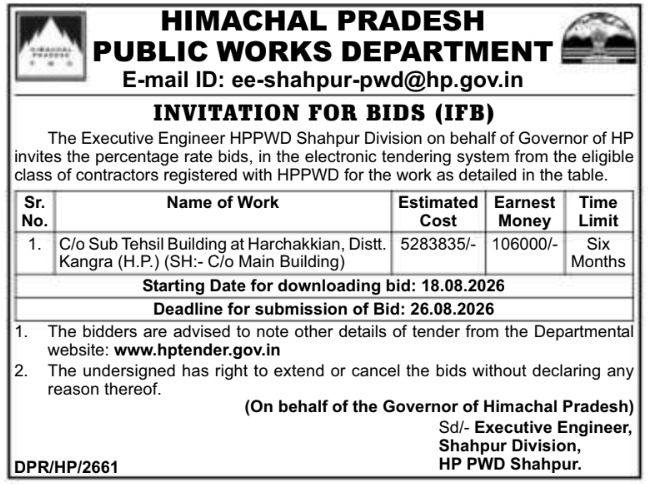 E-Tender for Construction of Sub Tehsil Building at Harchakkian by HP PWD