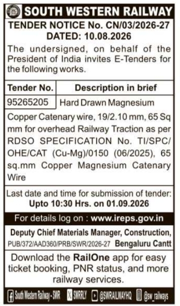 E-Tender for Copper Magnesium Catenary Wire by South Western Railway