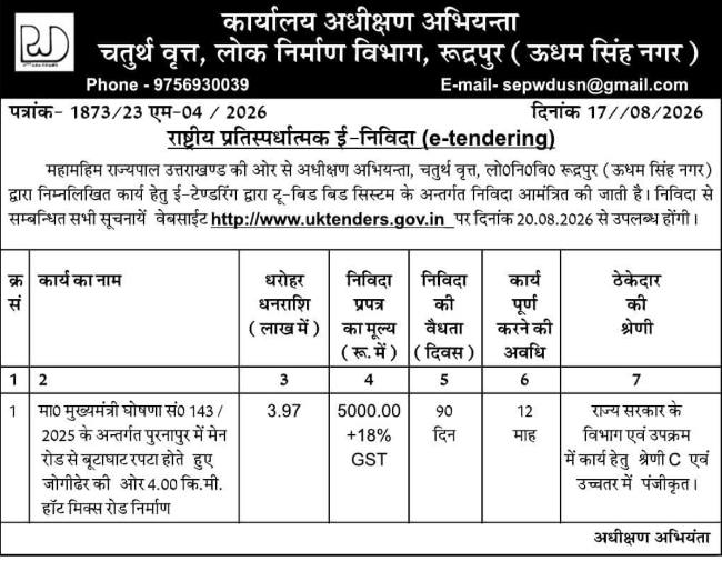 E-Tender for Hot Mix Road Construction by PWD
