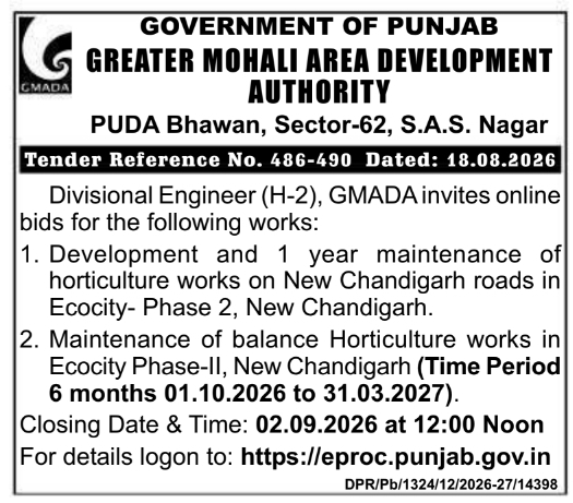 E-Tender for Road Horticulture Works by Greater Mohali Area Development Authority