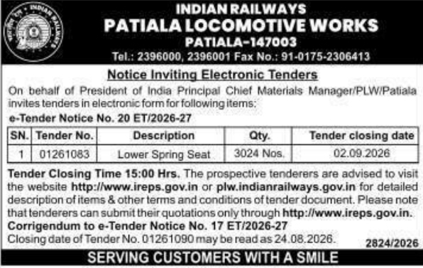 E-Tender for Supply of Lower Spring Seats by Patiala Locomotive Works