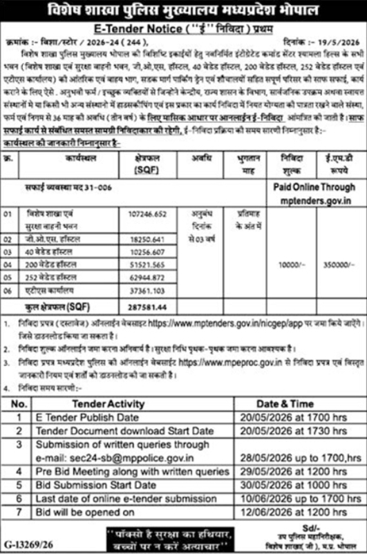 E-Tender Notice: Cleaning Services at Special Branch Police HQ Bhopal