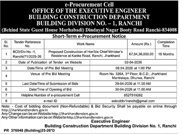 E-Tender Notice: Construction of Chief Minister’s Residence