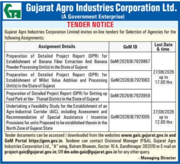 E-Tender Notice for DPR and Feasibility Studies by GAIC Gujarat