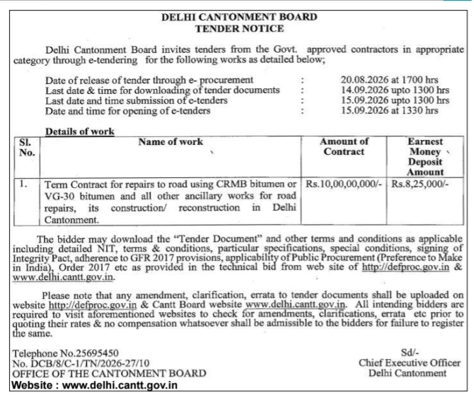 E-Tender Notice for Road Repair and Reconstruction Works by Delhi Cantonment Board