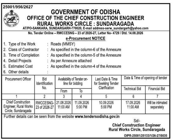 E-Tender Notice for Rural Road Construction (MMSY) by Government of Odisha