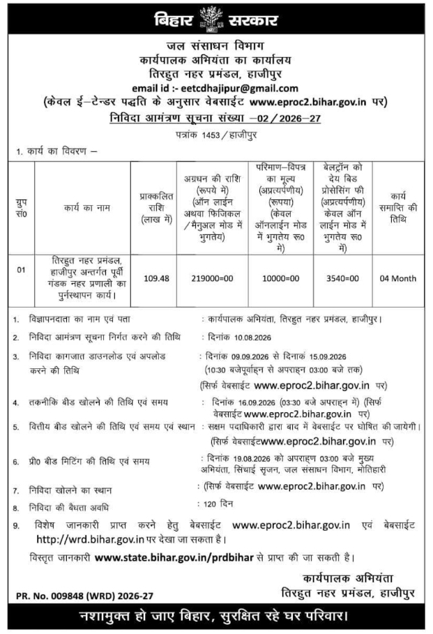 E-Tender Notice for Tirhut Canal Infrastructure Restoration by WRD