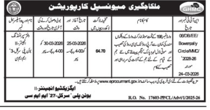 E-Tender Notice- Malkajgiri Municipal Corporation