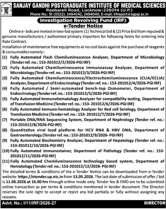 e-Tender Notice: Medical Analyzers & Equipment (SGPGIMS)