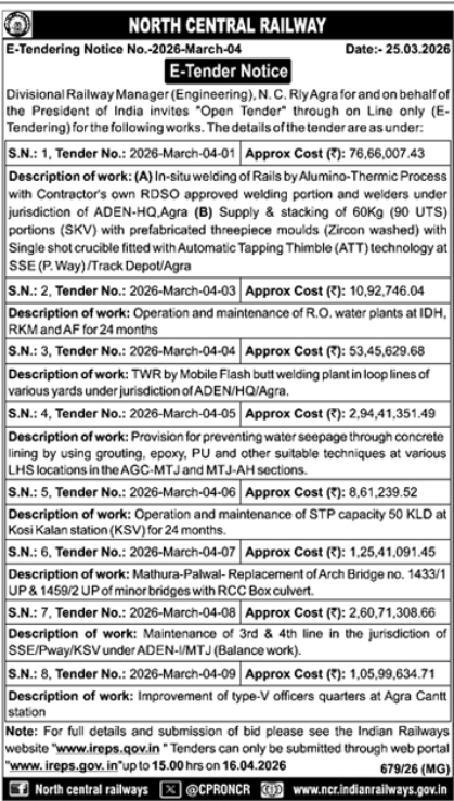 E-Tender Notice- North Central Railway (Agra)