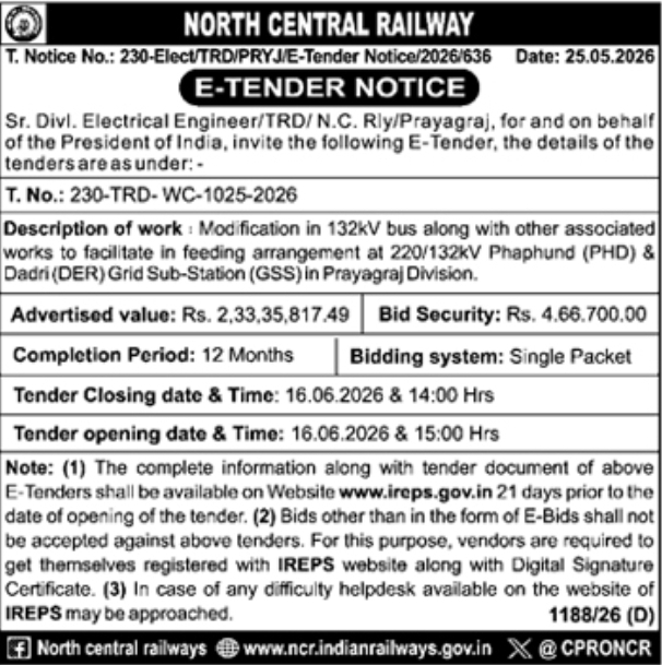 E-Tender Notice: North Central Railway Electrical Works