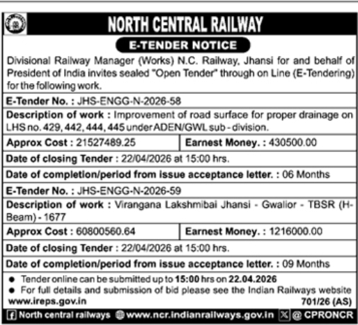 E-Tender Notice- North Central Railway, Jhansi