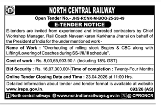 E- Tender Notice- North Central Railway (Jhansi)