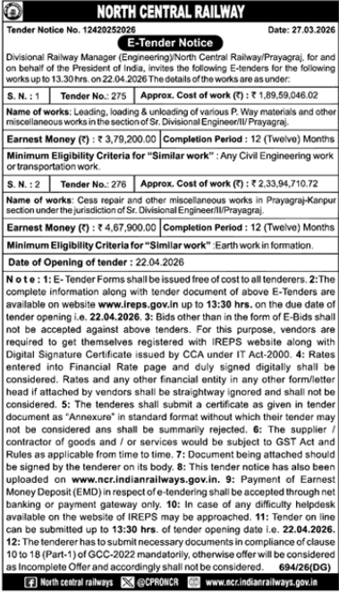 E-Tender Notice- North Central Railway (Prayagraj)