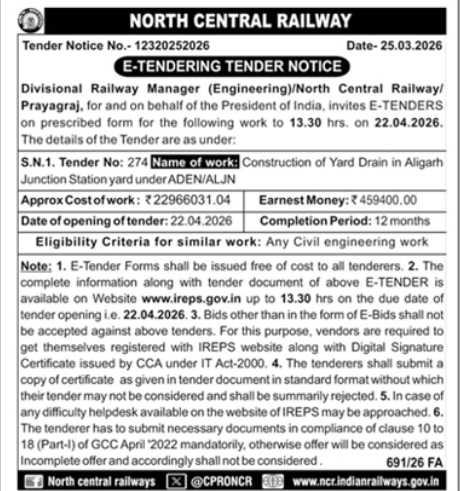 E-Tender Notice- North Central Railway (Prayagraj)